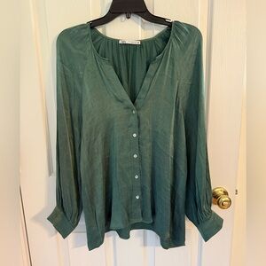 Zara Teal Button Down Blouse with Satin-y Finish